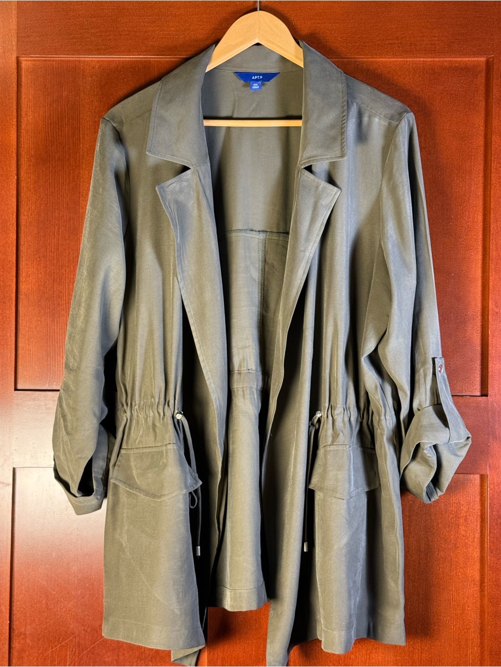 APT. 9 Olive Utility Duster Jacket XXL Drawstring Waist Roll Tab Sleeves